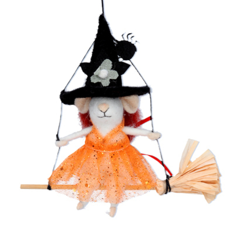 Mouse Dressed as a Witch on Broom Wool Halloween Decoration
